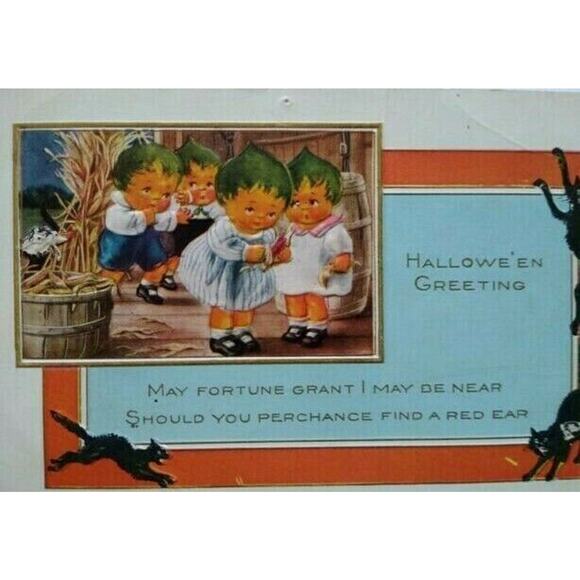 Halloween Postcard Whitney Pixies Green Hair Fantasy Children Black Cats Border - Picture 2 of 8